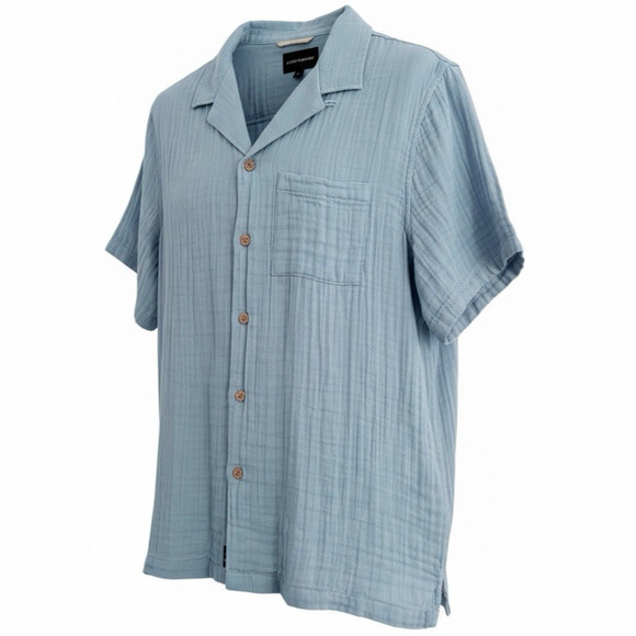 Lucky Brand 100% Cotton Gauze Button Up Casual Shirt Blue Large Short Sleeve - Picture 2 of 12